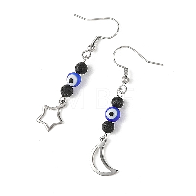 Handmade Evil Eye Lampwork and Natural Lava Rock Dangle Earrings EJEW-JE07451-02-1