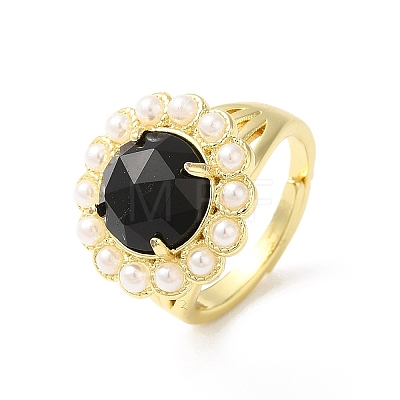 Natural Mixed Gemstone Flower Adjustable Ring with Plastic Pearl Beaded RJEW-E075-02G-1