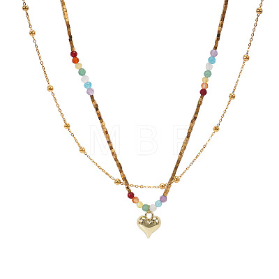 Rainbow Glass & Natural Stone & Brass Beaded Stainless Steel Chain Double Layer Necklaces with Heart Pendant for Beach Vacation Accessories TH6527-1-1