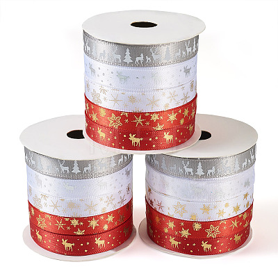 3 Rolls 10M  5 Colors Hot Stamping Christmas Polyester Ribbons Set OCOR-TA0002-13-1