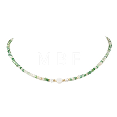 Natural Shell Heart & AB Color Plated Glass Faceted Rondelle Beaded Necklaces NJEW-JN05863-1