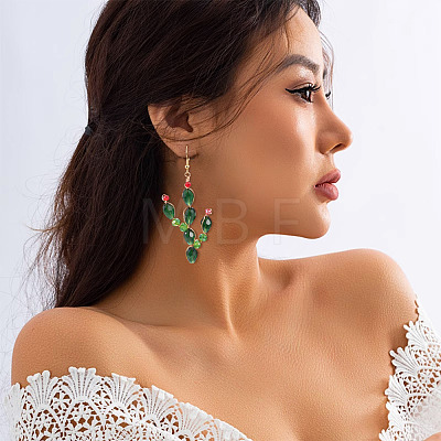 Brass Glass Cactus Dangle Earrings EJEW-TADJ00001-1