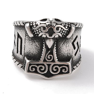 Viking 304 Stainless Steel Thors Hammer Rune Mjolnir Wide Finger Rings for Men RJEW-U005-10AS-1