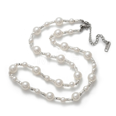 304 Stainless Steel & ABS Plastic Imitation Pearl Round Beded Necklaces for Women NJEW-S442-11P-1