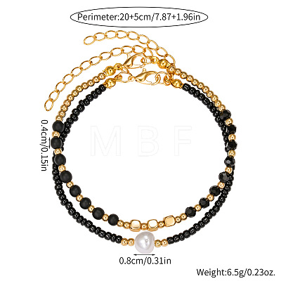Bohemian Style Plastic Pearl & Brass Cube & Glass Seed Beaded 2-Strand Anklets FS-WG67DAF-01-1