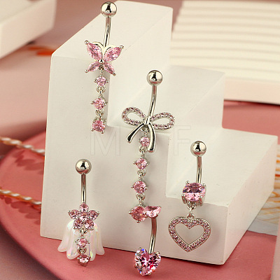 1Pc 304 Stainless Steel Rose Rhinestone Curved Barvell Dangle Belly Rings WGF9938-02-1