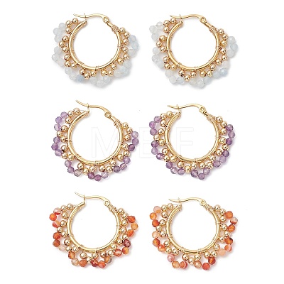 3 Pairs Brass Natural Gemstone Hoop Earrings EJEW-TA00782-1