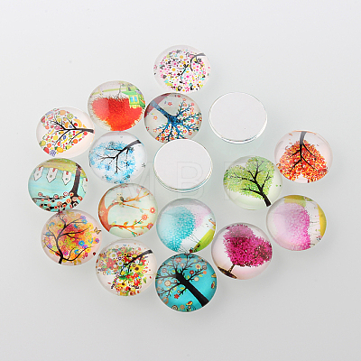 Tree of Life Printed Half Round/Dome Glass Cabochons GGLA-A002-15mm-GG-1