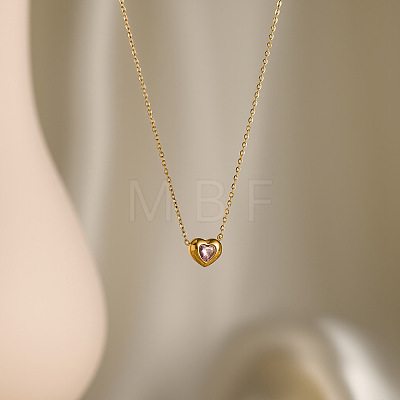304 Stainless Steel Pave Cubic Zirconia Heart Pendant Cable Chain Necklaces for Women WG320DC-04-1