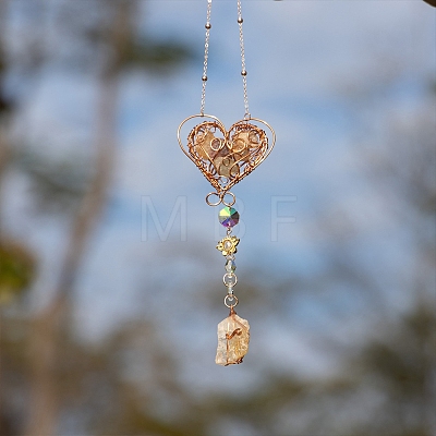 Wire Wrapped Natural Citrine Chip & Metal Heart Hanging Ornaments PW-WG4135E-01-1