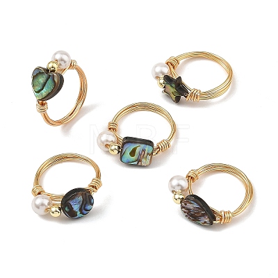 Eco-Friendly Copper Wire with Natural Abalone Shell/Paua Shell Finger Rings RJEW-JR01086-01-1