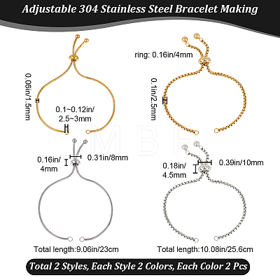 Beebeecraft 4Pcs 4 Style Adjustable 304 Stainless Steel Slider Bracelet/Bolo Bracelets Making STAS-BBC0004-62-1