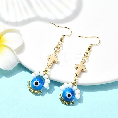 Handmade Seed Evil Eye & Cross Dangle Earrings EJEW-MZ00227-1