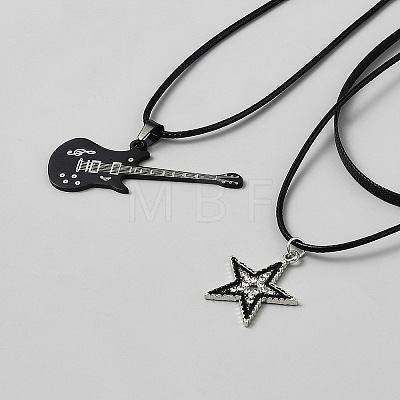 Gothic Alloy Star Guitar Pendant Imitation Leather Cord 3 Layer Necklaces NJEW-WH20004-24-1
