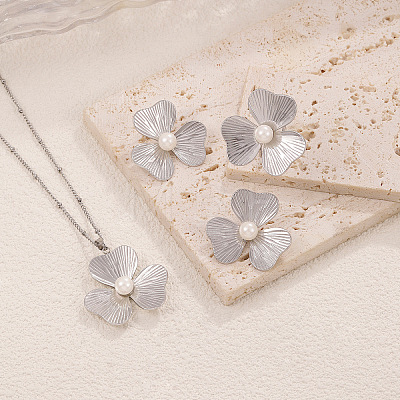 304 Stainless Steel Imitation Pearl Flower Stud Earrings & Pendant Necklaces & Rings Sets for Women WG65500-05-1