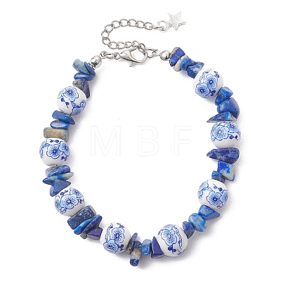Handmade Flower Printed Porcelain Ceramic & Dyed Natural Lapis Lazuli Beaded Bracelets for Women BJEW-JB12967-1
