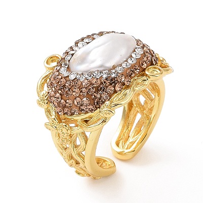 Natural Pearl Open Cuff Finger Ring with Rhinestone RJEW-A011-11G-1