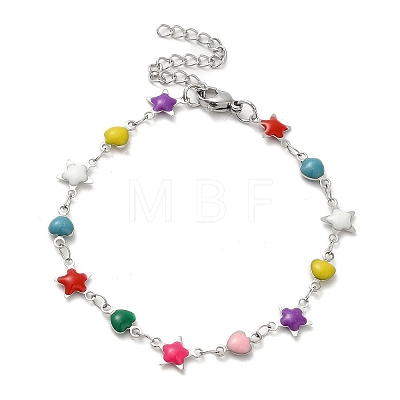 304 Stainless Steel Heart & Star Link Chain Bracelet BJEW-H325-01P-1