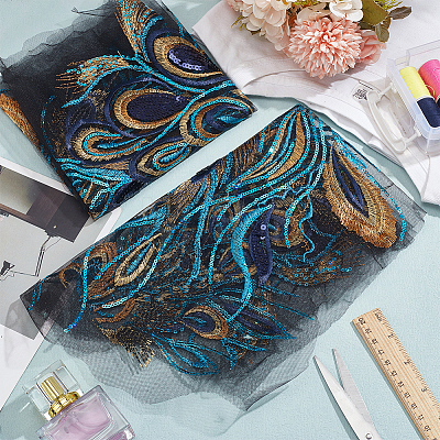 Phoenix Tail Pattern Polyester Lace with PVC Embroidered Fabric SENE-WH0003-38-1