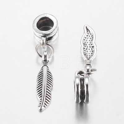Antique Silver Tone Alloy European Feather Dangle Charms X-PALLOY-JF00001-20-1