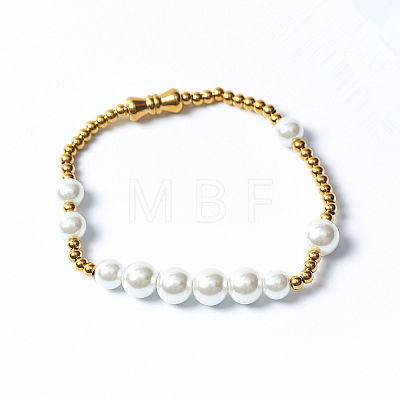 Minimalist Imitation Pearl & 304 Stainless Steel Round Beaded Stretch Bracelets KM8315-1-1