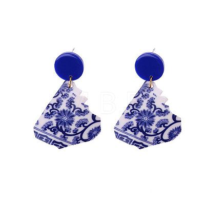 Acrylic Blue and White Porcelain Printed Dangle Stud Earrings FS-WG917E7-07-1