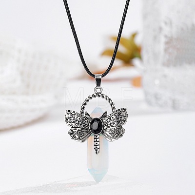 Bohemian Opalite Pointed Stainless Steel Dragonfly Pendant Black PU Leather Necklaces LW6425-7-1