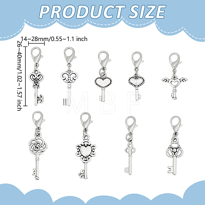 36Pcs 9 Styles Key Alloy Pendant Decorations HJEW-GO00259-1