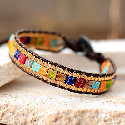 Dyed Natural Imperial Jasper & Cowhide Leather Beaded Braided Bead Bracelets FS-WGEDC06-02-1
