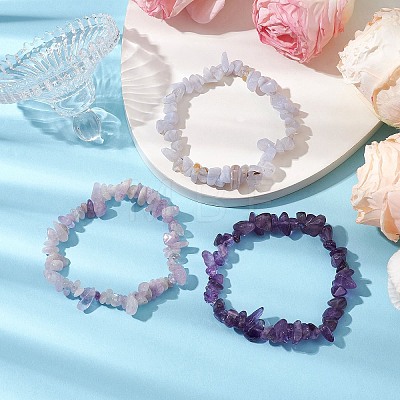 3Pcs Natural Lavender Amethyst & Natural Blue Lace Agate Chip Beaded Stretch Bracelet Sets BJEW-JB10864-1