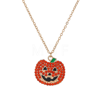 Halloween Alloy Rhinestone Enamel Pumpkin Pendant Necklaces for Unisex WG8A995-01-1
