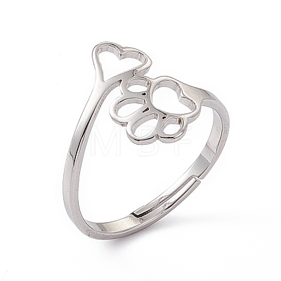 201 Stainless Steel Heart & Dog Paw Prints Adjustable Ring for Women RJEW-K238-09P-1