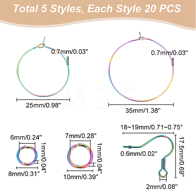 Unicraftale 40Pcs 2 Style Ion Plating(IP) Rainbow Color 304 Stainless Steel Hoop Earrings Findings STAS-UN0039-05-1