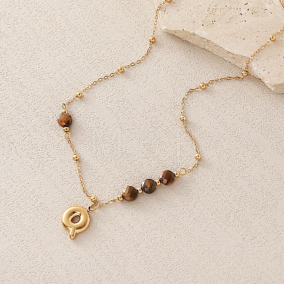 European Faceted Natural Tiger Eye 304 Stainless Steel Alphabet Pendant Necklaces QN9691-17-1