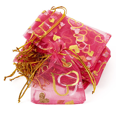 50Pcs Heart Printed Organza Bags OP-TADJ0001-01G-1