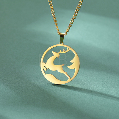 304 Stainless Steel Ring with Christmas Deer Pendant Necklaces for Unisex WG02D74-02-1