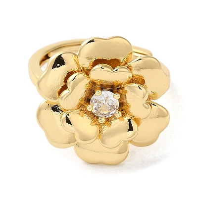 Rack Plating Flower Brass Micro Pave Clear Cubic Zirconia Adjustable Rings RJEW-S413-02G-1