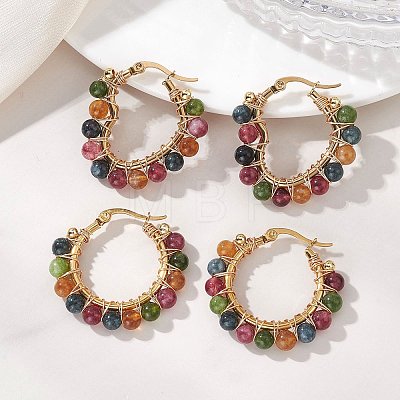 2 Pairs 2 Styles Natural Green Jade Imitation Tourmaline Beaded Hoop Earrings EJEW-JE06943-1