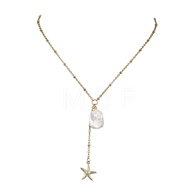 Summer Natural Baroque Keshi Pearl & 304 Stainless Steel Sea Animal Pendant Satellite Chain Y Lariat Necklaces NJEW-JN06049-01-1