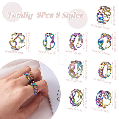 Mega Pet 9Pcs 9 Styles Rainbow Color 304 Stainless Steel Cuff Rings RJEW-MP0001-01-1