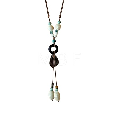 Chinese Style Porcelain & Alloy & Wood Leaf Pendant Adjustable Waxed Cord Long Necklaces for Women WG8DC5B-01-1