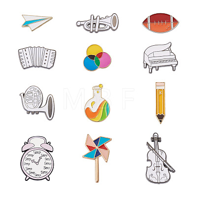 Crafans 12Pcs 12 Style Rugby & Bottle & Piano & Violin & Pencil Enamel Pins JEWB-CF0001-02-1