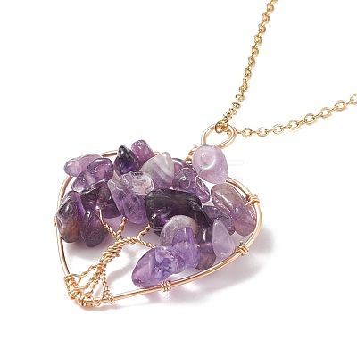 Natural Amethyst Chips Heart with Tree of Life Pendant Necklace NJEW-JN03906-03-1