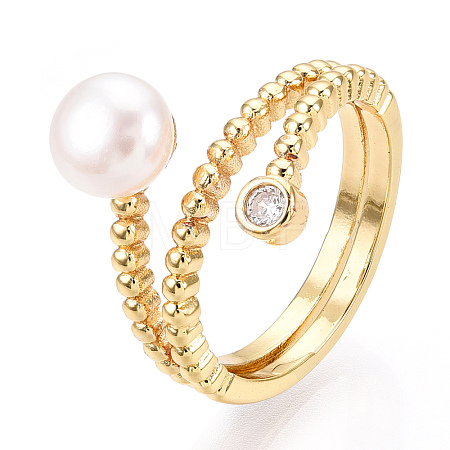 Natural Pearl Double Lines Finger Ring with Rhinestone PEAR-N020-06J-1