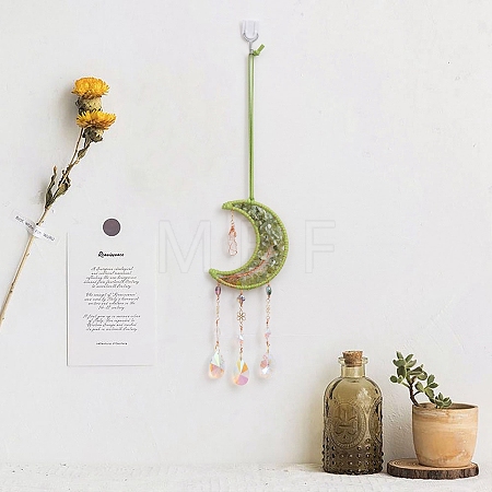 Natural Peridiot Chips Moon with Tree of Life Pendant Decorations TREE-PW0003-14-1