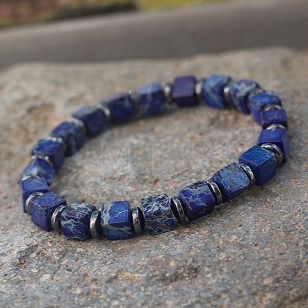 Cube Dyed Natural Blue Imperial Jasper & Synthetic Non-magnetic Hematite Beads Stretch Bracelets for Women Men PF6426-9-1