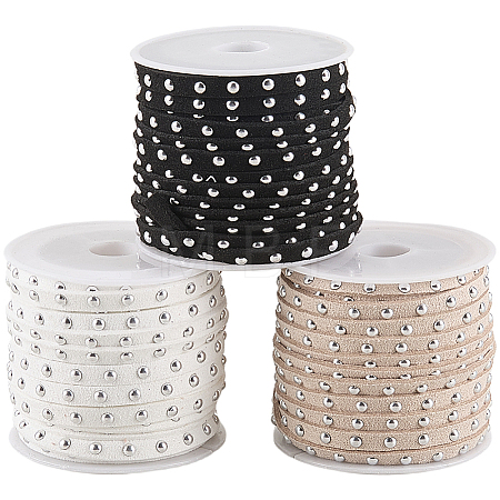 3 Rolls 3 Colors Flat Faux Suede Cord with Alloy Rivets LW-CL0001-08B-1