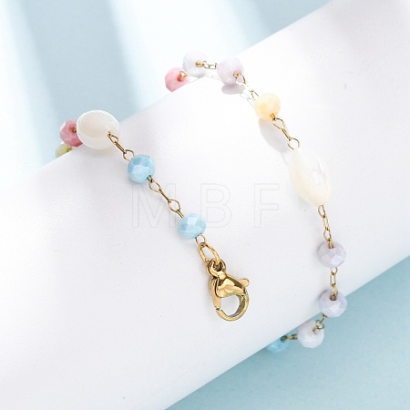Glass Round Beads & Natural Shell Barrel Beads Link Bracelets BJEW-G774-03G-1