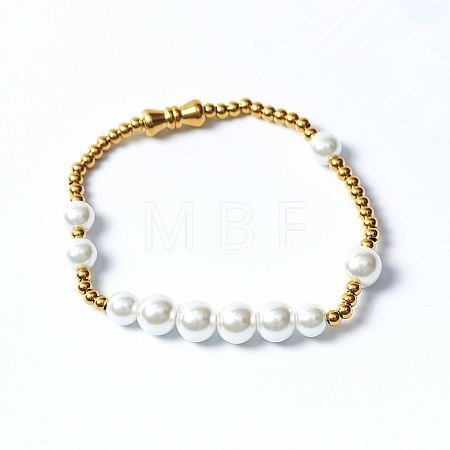 Minimalist Imitation Pearl & 304 Stainless Steel Round Beaded Stretch Bracelets KM8315-1-1