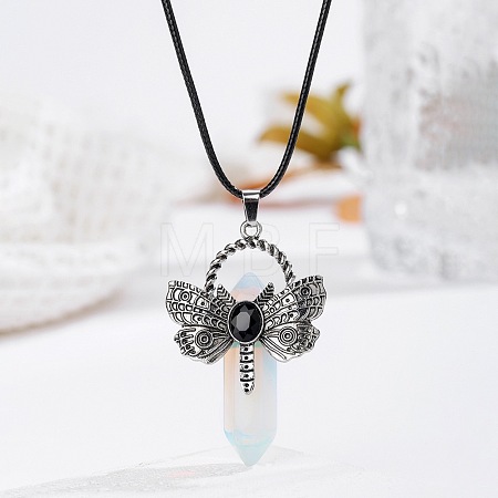 Bohemian Opalite Pointed Stainless Steel Dragonfly Pendant Black PU Leather Necklaces LW6425-7-1